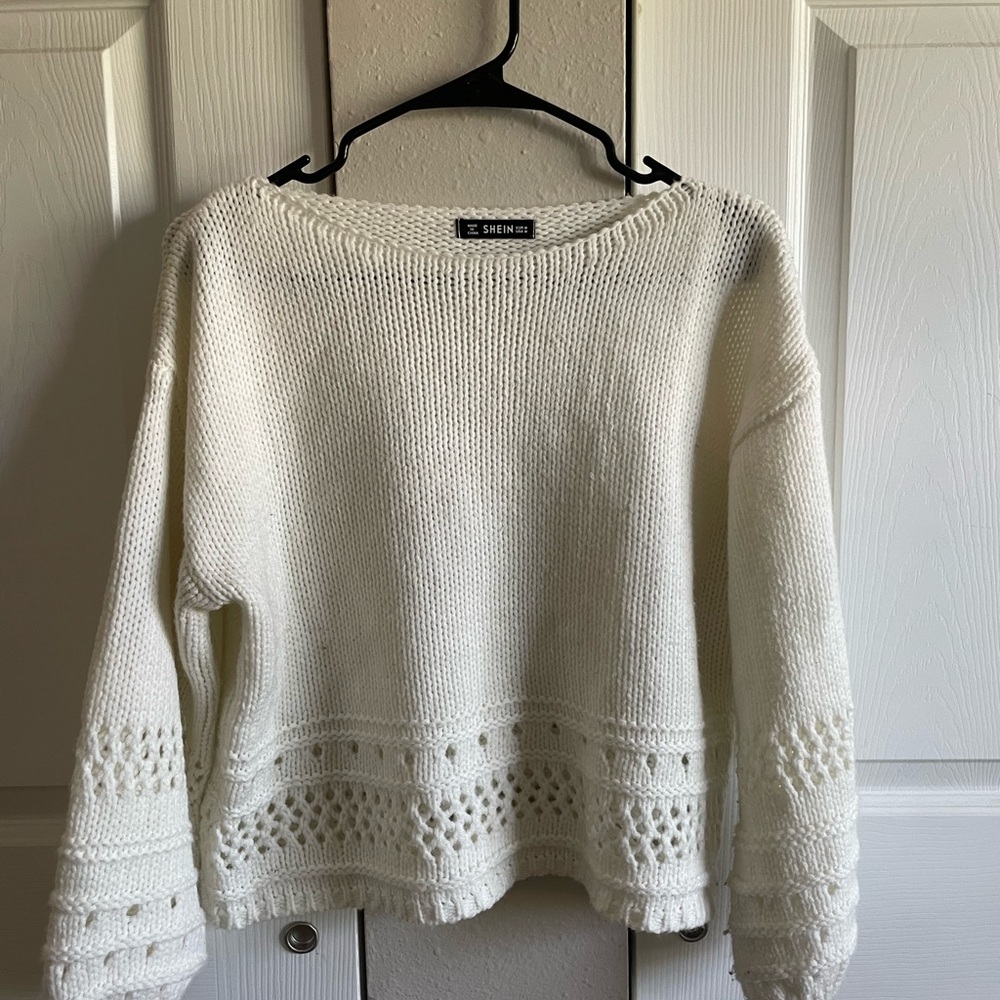 SHEIN White Crew Neck Sweater with Textured Knit